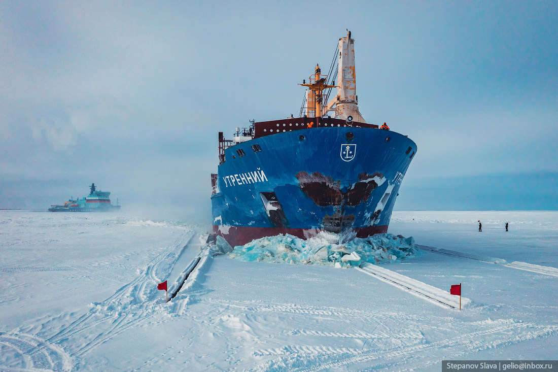 ледокол, таналау, ледовый причал, на скорости, врезается в лёд, арктика, северный морской путь, смп