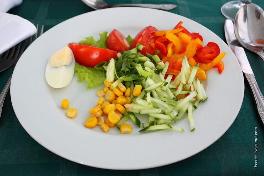 Салат «Пестрый набор» (огурцы, помидоры, кукуруза, болгарский перец, зеленый лук, яйцо, лист салата, сметана, майонез, зелень)