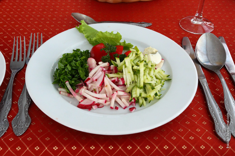 Салат «Весна» (лист салата, редис, свежий огурец, зеленый лук, яйцо, майонез)